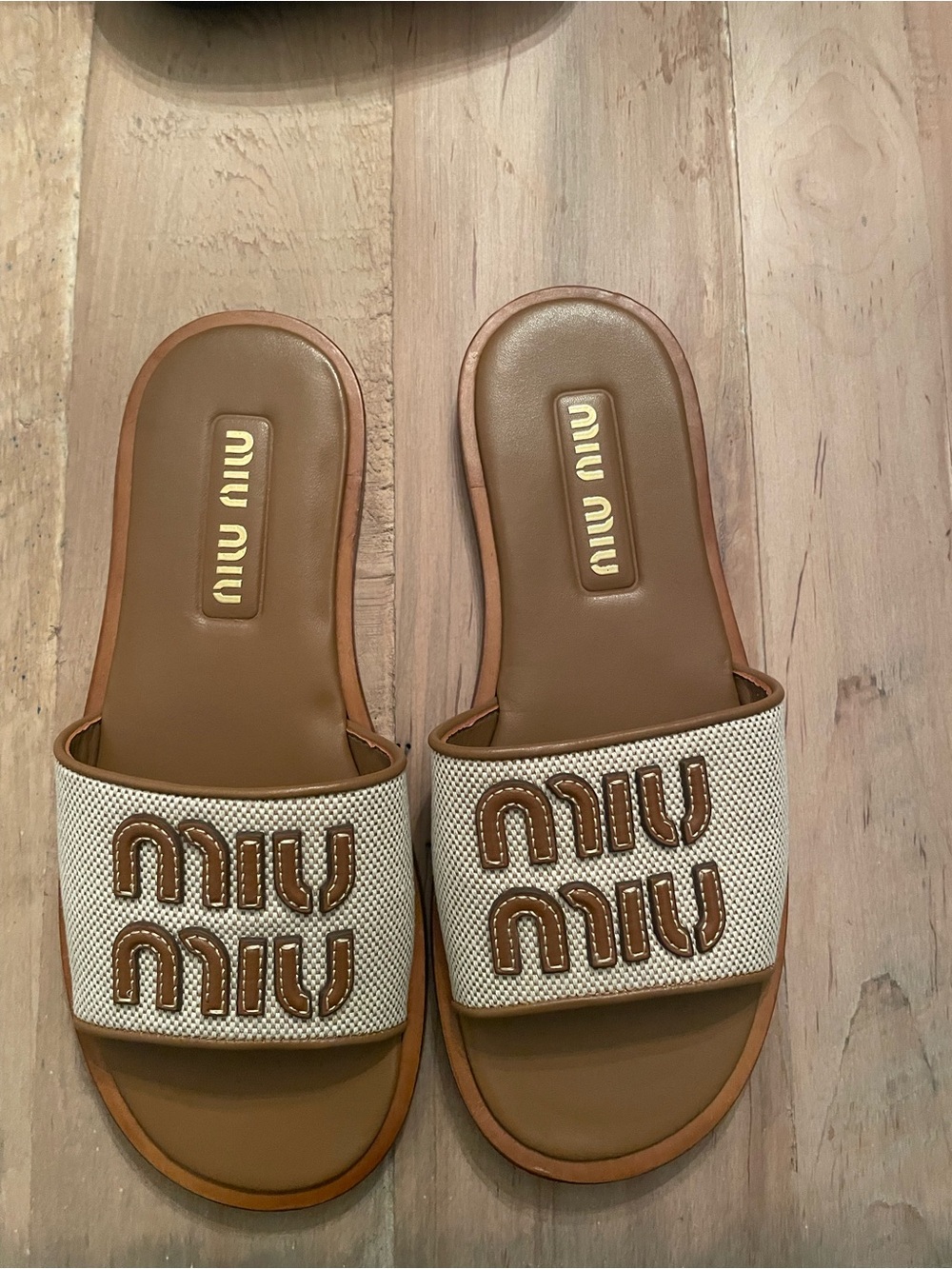 Miu Miu Cream and Tan Logo Slide Sandals